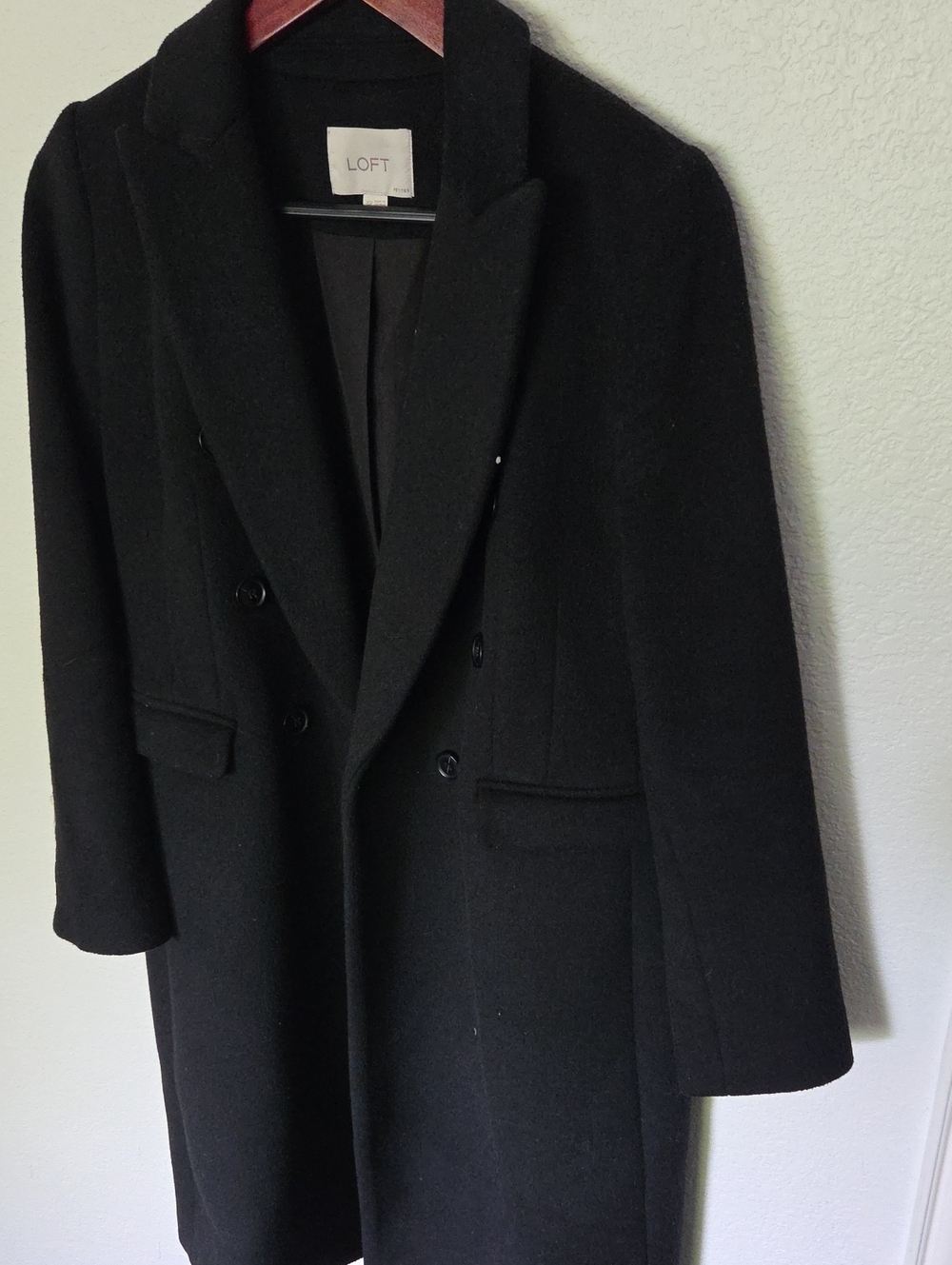 LOFT Black Double-Breasted Wool-Blend Pea Coat